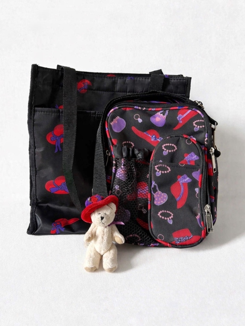 Red Hat Society Tote Bag and Crossbody Bag Set With a Ganz Teddy Bear Bundle